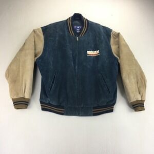 VTG Port Authority Classic Bomber Jacket Mens XL Suede Leather Jacket Blue/Tan
